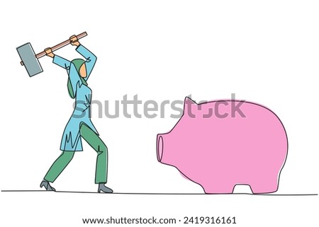 Continuous one line drawing Arabian businesswoman hits big piggy bank with big hammer. Responsible for paying off all bills by taking savings. Struggle for business. Single line draw design vector
