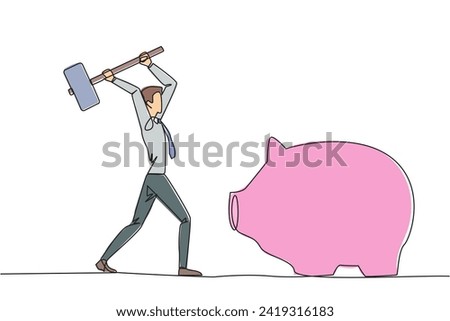 Continuous one line drawing of businessman hits big piggy bank with big hammer. Responsible for paying off all bills by taking savings. Struggle for business. Single line design vector illustration