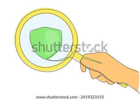 Single continuous line drawing of big hand holding magnifying glass highlights the shield. The concept of seeking refuge. Both for personal and family. Data protection. One line vector illustration