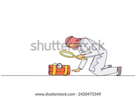 Single one line drawing Arabian businessman holding magnifying glass look at dynamite has a clock. Trying to shut down without exploding. Removing barriers. Continuous line design graphic illustration