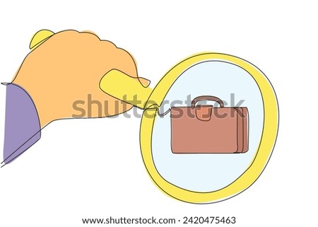 Single continuous line drawing big hand holding magnifying glass highlights briefcase. Like a detective, checking the briefcase so that the quality is suitable for business. One line design vector