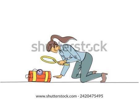 Continuous one line drawing businesswoman holding magnifying glass highlighting dynamite has a clock. Trying to shut down without exploding. Removing barriers. Single line design vector illustration