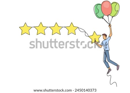 Single one line drawing young happy man flying in a balloon carries 1 star and wants to align it with the other 4 stars. Trying to give a perfect rating. Continuous line design graphic illustration
