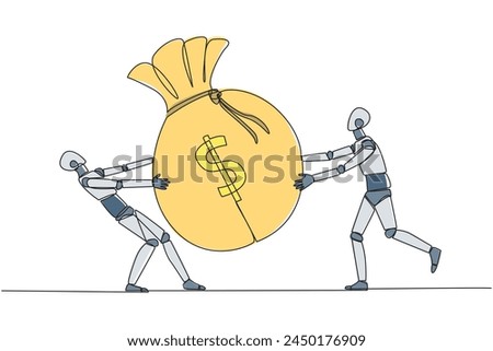 Single one line drawing two angry robot fighting over the big money bag. Fighting for additional capital after several shares were released to the public. Continuous line design graphic illustration