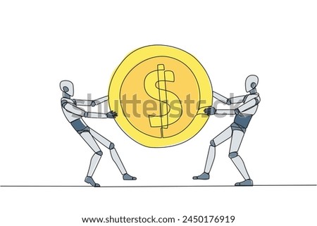 Single one line drawing two angry robot fighting over the dollar sign coin. The last coin used to buy fresh drinks at the vending machine. Attack. Humanoid. Continuous line design graphic illustration