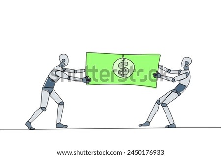 Single one line drawing two angry robot fighting over banknotes. Fight over the capital provided by the government to selected robotics. Rival. Technology. Continuous line design graphic illustration