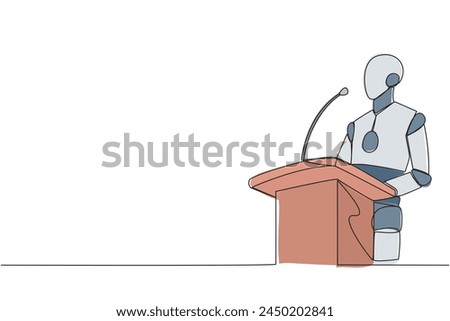 Single one line drawing robotic artificial intelligence speaking at podium. Announced greatly improved business balance sheet. A fun speech for all parties. Continuous line design graphic illustration