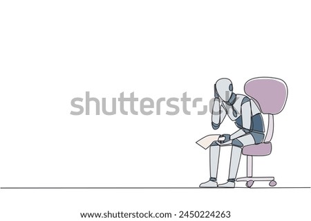 Single continuous line drawing sad robotic sit limply in a chair. Pensively holding piece of bill paper. The large of receivables, business will collapse. AI tech. One line design vector illustration