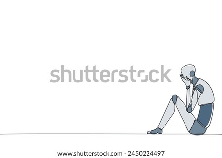 Continuous one line drawing smart robot sitting while covering face. Unhappy robotic bemoans the fate of business. Failure to develop business unit. Tech. Single line draw design vector illustration