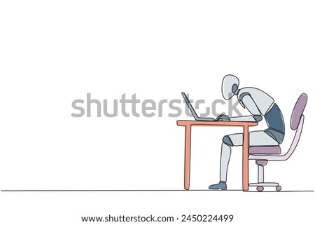 Single one line drawing robot sitting and typing on laptop computer. Work hard to achieve maximum expected results. Overtime and work smart. AI technology. Continuous line design graphic illustration
