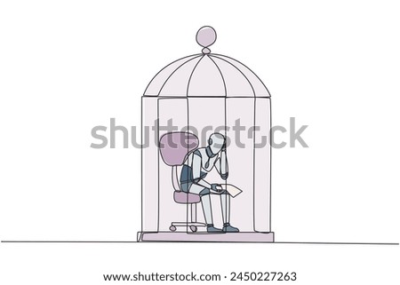 Single one line drawing robotic trapped in the cage sitting pensively holding paper. Failed business. Read the bankruptcy statement. Frustration. Sad. Tech. Continuous line design graphic illustration