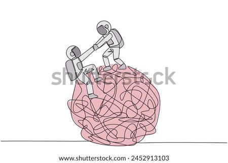 Continuous one line drawing astronaut helps colleague climbs the big heavy messy circle. Teamwork eliminates anxiety. Eliminate stress to focus on business. Single line draw design vector illustration