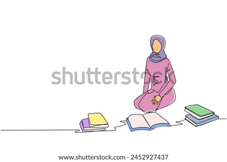 Single continuous line drawing Arabian woman reading the books happily. Good reading interest. Really enjoy reading story books. Reading everywhere. Book festival concept. One line vector illustration