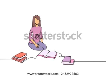 Single one line drawing woman reading the books happily. Good reading interest. Really enjoy reading story books. Reading everywhere. Book festival concept. Continuous line design graphic illustration