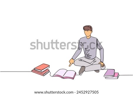 Single continuous line drawing man reading the books happily. Good reading interest. Really enjoy reading story books. Reading everywhere. Book festival concept. One line design vector illustration