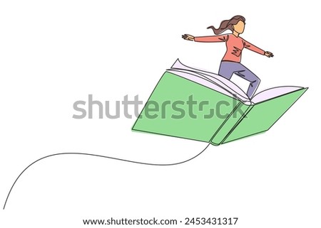 Single continuous line drawing woman standing on large flying open book. Like riding a cloud, able to fly as high as possible. Reading increases insight. Love read. One line design vector illustration