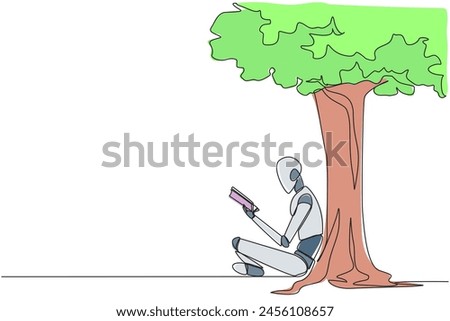 Continuous one line drawing robot sitting reading book under shady tree. Continuing second volume of the fiction story book. Enjoy reading. Book festival. Single line draw design vector illustration