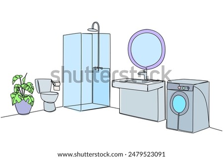 Continuous one line drawing minimalist layout in one image. There is a washing machine, shower and toilet in the same room. Neat and clean. Minimalist. Single line draw design vector illustration