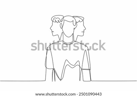 Single continuous line drawing a man facing forward with two heads behind him looking right and left. Personality anxiety. Unhealthy. Multiple Personality Day. One line design vector illustration