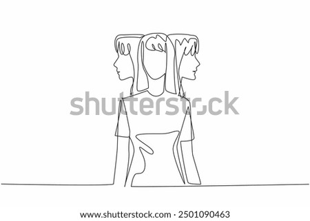 Single continuous line drawing a woman facing forward with two heads behind looking right and left. Mental health problems. Psychology. Multiple Personality Day. One line design vector illustration