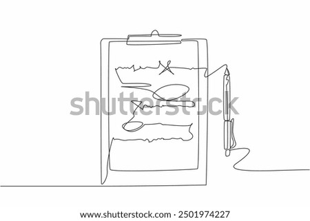 Continuous one line drawing a correction notes on paper attached to clipboard. Improvements to good language writing. Education. National Proofreading Day. Single line draw design vector illustration