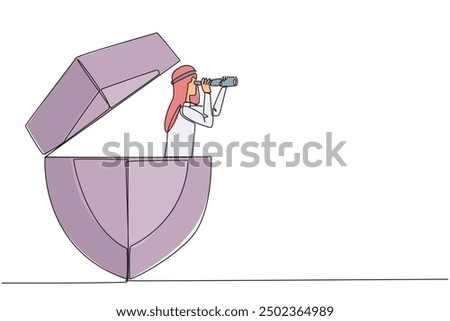 Single continuous line drawing Arab businessman emerges from shield look for something with binoculars. Look for most effective way to ward off cyber crime attacks. One line design vector illustration