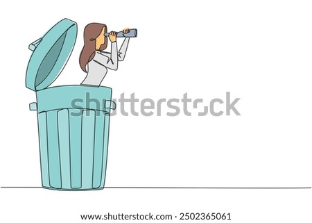 Continuous one line drawing businesswoman comes out of a trash can looking for something through binoculars. Not interested in backbiting. Throw gossip. Single line draw design vector illustration