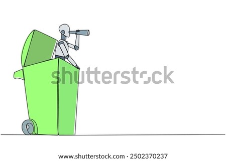 Continuous one line drawing a smart robot emerges from a wheeled bin looking for something through binoculars. Trying to restore deleted and wasted data. Single line draw design vector illustration