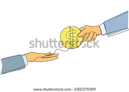 Single continuous line drawing a hand gives a coin with a dollar symbol to colleague. Pay for something. Haggle over price. Agree on the lowest price. Change money. One line design vector illustration