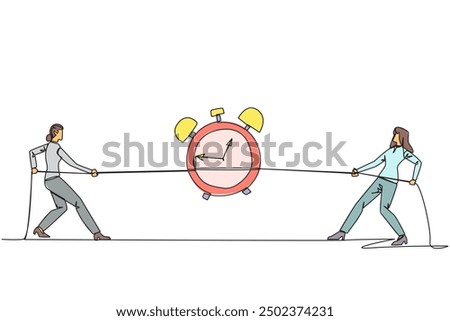 Single continuous line drawing two businesswomen fighting over an alarm clock. Competition to get rare antique clocks. Put in all the best efforts. Battle. Versus. One line design vector illustration