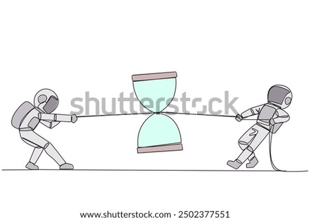 Continuous one line drawing two astronauts fighting over hourglass. Fierce battle completes the expedition's report before flying off into space. Deadline. Single line draw design vector illustration