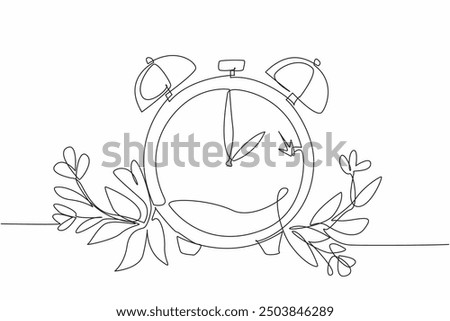 Single one line drawing alarm clock shows 2 o'clock with leaves and flowers. Waiting for time change. Prepare by creating a reminder. Daylight Saving Time. Continuous line design graphic illustration