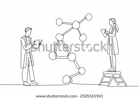 Single continuous line drawing male and female scientists taking notes on a clipboard. Observing changes in atomic structure. Analyze. Celebrate Scientists Day. One line design vector illustration