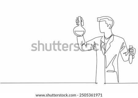 Continuous one line drawing male scientist holding test tube and measuring flask. Chemists conduct experiments. Working seriously. Celebrate Scientists Day. Single line draw design vector illustration