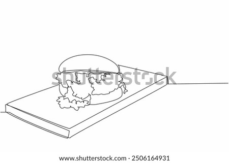 Single continuous line drawing sloppy joe on square cutting board. Ready to be served. Very delicious savory sandwich. Minced beef filling. National Sloppy Joe Day. One line design vector illustration