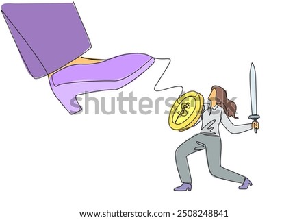 Single continuous line drawing businesswoman tries to ward off the giant foot that wants to step on her. Fighting arch enemies to gain profits. Preventive measure. One line design vector illustration