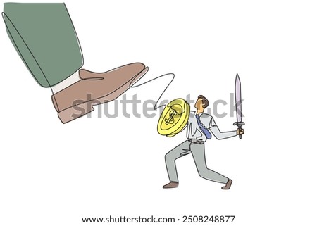 Continuous one line drawing businessman tries to ward off the giant foot that wants to step on him. Big investor destroy market prices. Preventive measure. Single line draw design vector illustration