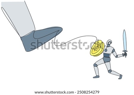 Single continuous line drawing smart robot tries to ward off the giant foot that wants to step on it. Designed to be ready to fight for company profits. Future. One line design vector illustration