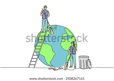 Single continuous line drawing trash man climbs ladder to sweep top of the globe. His partner cleaned at bottom and around globe. Working together for the earth. One line design vector illustration