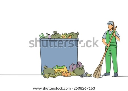 Continuous one line drawing trash woman cleans rubbish by sweeping it into a pile of rubbish. Cleaners who are passionate about keeping environment clean. Single line draw design vector illustration