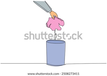 Single one line drawing businessman's hand throwing away broken piggy bank. Find the source of investment failure. Replace with a better and more reliable. Continuous line design graphic illustration