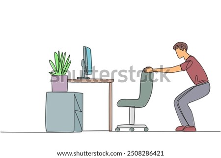 Single continuous line drawing man stands with a slight bend and both hands hold the top of chair. Overtime on weekends. Work and doing light exercise at same time. One line design vector illustration