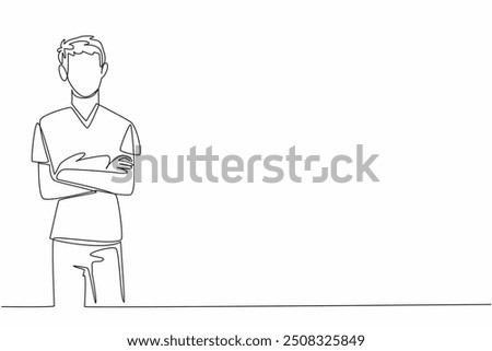 Continuous one line drawing male nurse crosses arms in front of chest. Pose. Medical personnel. Always give the best for patients. Certified Nurses Day. Single line draw design vector illustration