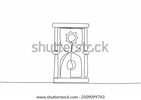 Single one line drawing hourglass as a marker of day and night. Sun on top, full moon on the opposite side. Duration is the same 12 hours. Spring Equinox. Continuous line design graphic illustration