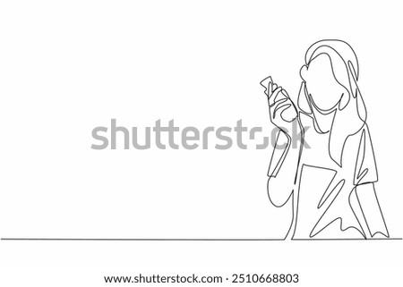 Single continuous line drawing woman in casual clothes posing holding perfume bottle. Showing off signature perfume. Perfumery. Elegance. National Fragrance Day. One line design vector illustration