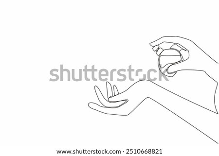 Single continuous line drawing spray perfume on the wrist. The location of body heat. Helps spread scent effectively. Timeless fragrance. National Fragrance Day. One line design vector illustration