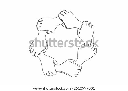 Continuous one line drawing seven colorful hands holding each other. Multi ethnic. United. International Day for the Elimination of Racial Discrimination. Single line draw design vector illustration