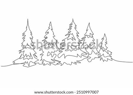 Single one line drawing many large pine trees lined up. Greening action. Reducing unnecessary carbon substances. Environment. International Day of Forests. Continuous line design graphic illustration