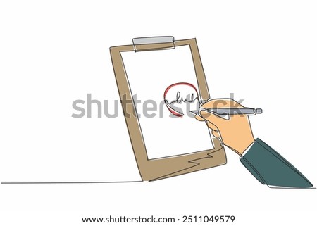 Single continuous line drawing hands circling the writing on the paper attached to the clipboard. Found errors in writing grammar answers. National Grammar Day. One line design vector illustration