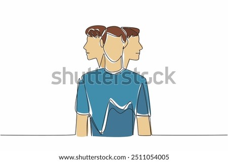 Single continuous line drawing a man facing forward with two heads behind him looking right and left. Personality anxiety. Unhealthy. Multiple Personality Day. One line design vector illustration